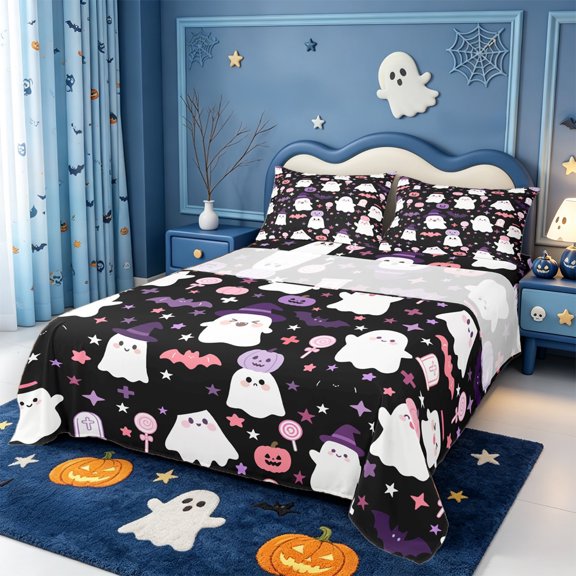 Manfei Cartoon Halloween Queen Sheets,Cartoon Ghost Print Queen Sheet Sets,4pcs,1 Flat Sheet,1 Fitted Sheet and 2 Pillowcases