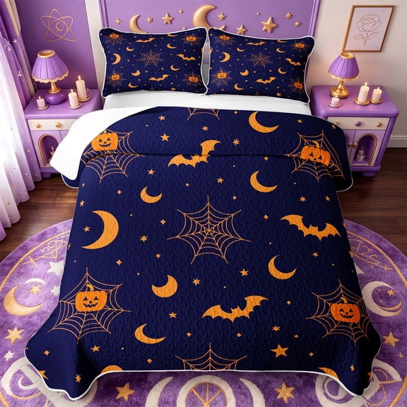 Manfei Cartoon Halloween Quilt Full,Colorful Fall Leaf Pattern Full Bedspread Sets,3-Piece,1 Coverlet and 2 Pillowcases