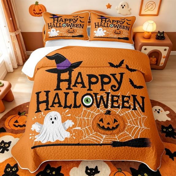 Manfei Cartoon Halloween Quilt Full,Ghost And Pumpkin Full Bedspread Sets,3pcs,1 Coverlet and 2 Pillowcases