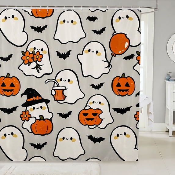 Manfei Cartoon Halloween Shower Curtain 72Wx72L,Spooky Ghost Bat Bathroom Curtain