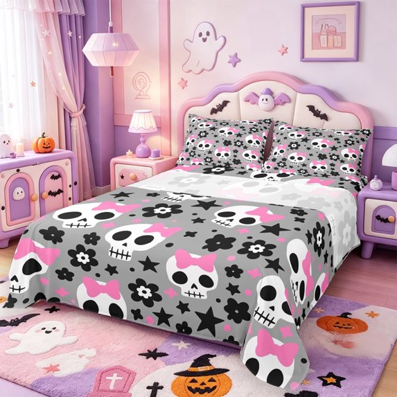 Manfei Cartoon Halloween Skull Bed Sheets,Gothic Halloween Skeleton Full Size Sheets,4 Pieces,1 Flat Sheet,1 Fitted Sheet and 2 Pillowcases