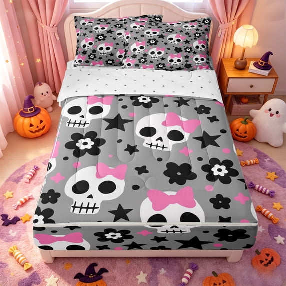 Manfei Cartoon Halloween Skull Zipper Twin Comforter Sets with Fitted Sheet and 2 Pillowcases,Gothic Halloween Skeleton Zipper Bedding Set,Reversible,4-Piece