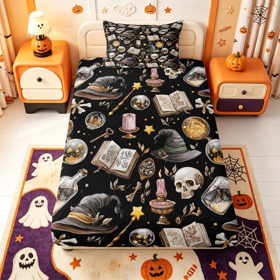 Manfei Cartoon Halloween Twin Fitted Sheet,Cute Fall Pumpkin Pattern Bedding,2-Piece,1 Fitted Sheet and 1 Pillowcase
