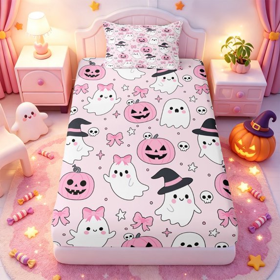 Manfei Cartoon Halloween Twin Fitted Sheet,Fall Thanksgiving Print Bedding,2 Pieces,1 Fitted Sheet and 1 Pillowcase