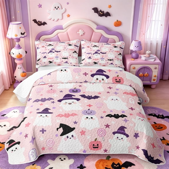 Manfei Cartoon Halloween Twin Quilt Set,Colorful Funny Pumpkin Lantern Twin Coverlet Set,2 Pieces,1 Bedspread and 1 Pillowcase