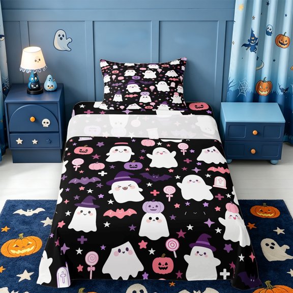 Manfei Cartoon Halloween Twin Sheets,Cartoon Ghost Print Bedding,3-Piece,1 Flat Sheet,1 Fitted Sheet and 1 Pillowcase