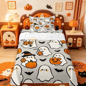 Manfei Cartoon Halloween Twin Sheets,Spooky Ghost Bat Bedding,3 Pieces,1 Flat Sheet,1 Fitted Sheet and 1 Pillowcase