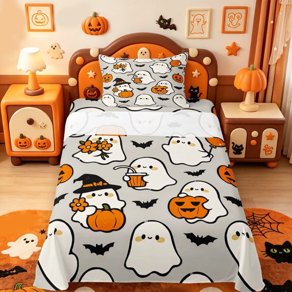 Manfei Cartoon Halloween Twin Sheets,Spooky Ghost Bat Bedding,3 Pieces,1 Flat Sheet,1 Fitted Sheet and 1 Pillowcase