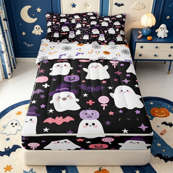 Manfei Cartoon Halloween Zipper Queen Comforter Set with Fitted Sheet and 2 Pillowcases,Cartoon Ghost Print Zipper Bedding Set,Halloween Reversible,4pcs