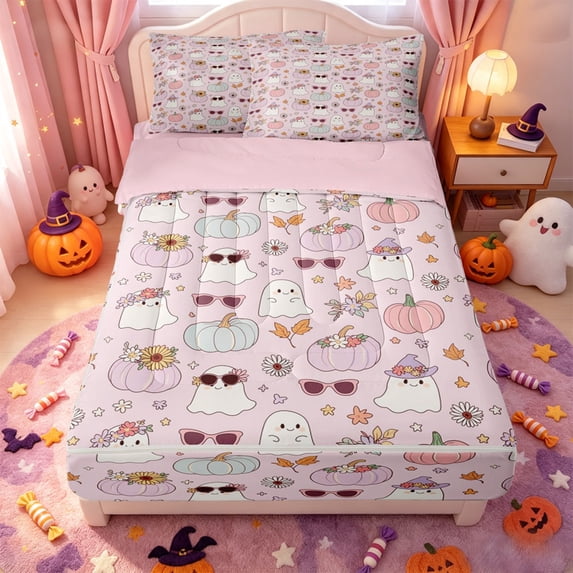Manfei Cartoon Halloween Zipper Queen Comforter Set with Fitted Sheet and 2 Pillowcases,Turkey Pattern Zipper Bedding Set,Pink Reversible,4-Piece