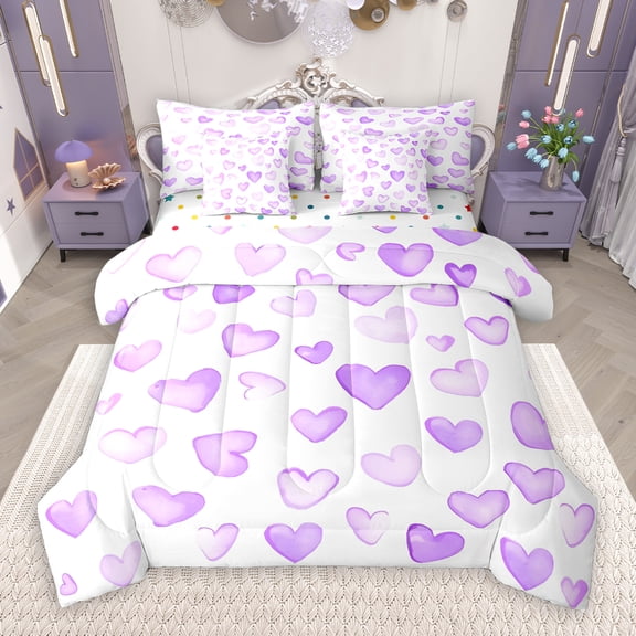 Manfei Cartoon Heart Pattern 7-Piece Bedding Comforter Set,Girl Cute Loves King Bedding Sets,Purple White Bed Sheets For Girls Teens,Microfiber Bedroom Decor Reversible
