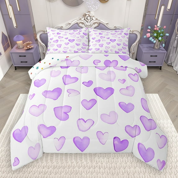 Manfei Cartoon Heart Pattern Full Size Comforter Sets,Girl Cute Loves Bedding Comforter Set,Purple White Bedding Sets For Girls Teens,Microfiber Bedroom Decor Reversible,3 Pieces