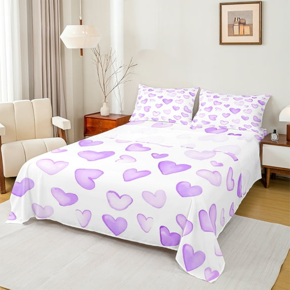Manfei Cartoon Heart Pattern Full Size Sheets,Girl Cute Loves Bed Sheets,Purple White Sheet Sets For Girls Teens,Microfiber Bedroom Decor,4 Pieces