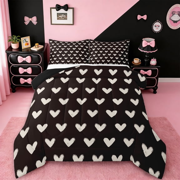 Manfei Cartoon Heart Print Queen Comforter Set,Cute Graffiti Loves Bedding Sets,Brown White Bedding Comforter Set For Girls,Super Cozy Room Decor Reversible,3pcs