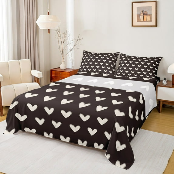 Manfei Cartoon Heart Print Queen Sheet Sets,Cute Graffiti Loves Flat Sheet,Brown White Queen Fitted Sheet For Girls,Super Cozy Room Decor,4pcs