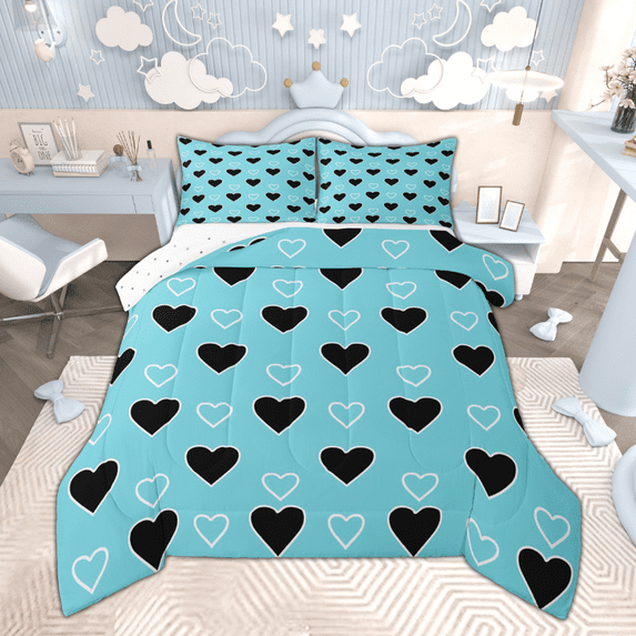 Manfei Cartoon Hearts Bedding Comforter Set, Blue Black White Twin Comforter Sets, Romantic Love Theme Bedding Set, Luxury Bedroom Decor, Reversible 2 Pieces