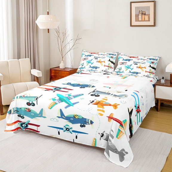 Homewish Cartoon Helicopter Boys Twin Sheet Sets, Aircraft Airplane Lover Twin Fitted Sheet, Cute Plane Vehicle Flat Sheet, Microfiber Bedroom Decor, 3-Piece
