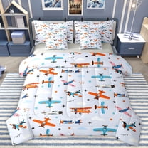 Manfei Cartoon Helicopter Kids Twin Bedding Sets 7-Piece, Kawaii Airplane Vehicle Bedding Comforter Set, Stars Cloud Print Reversible Sheet Sets, Luxury Bedroom Decor