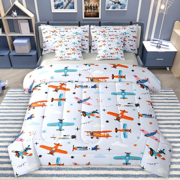 Manfei Cartoon Helicopter Kids Twin Bedding Sets 7-Piece, Kawaii Airplane Vehicle Bedding Comforter Set, Stars Cloud Print Reversible Sheet Sets, Luxury Bedroom Decor