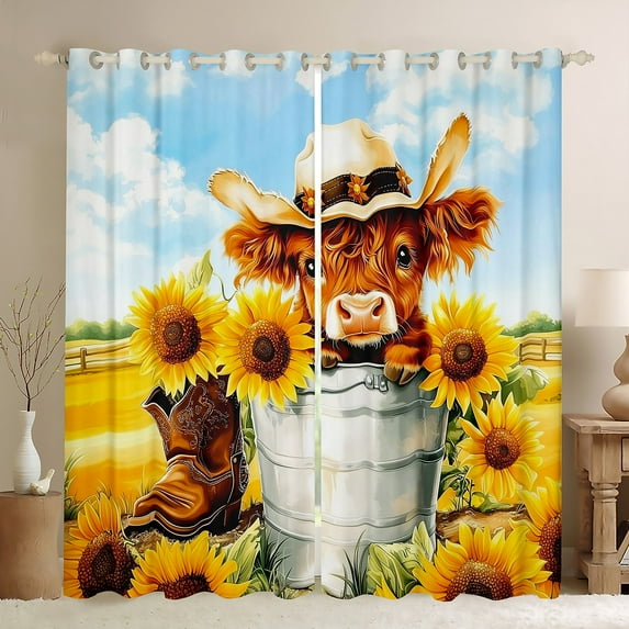 Manfei Cartoon Highland Bull Curtains Pack of 2 (42x84 Each), Orange Sunflower Curtains Blackout, Cowboy Boots Living Room Curtains, Luxury Bedroom Decor