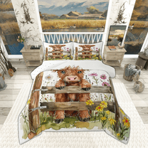 Manfei Cartoon Highland Bull Kid Bedding Comforter Set, Vibrant Groovy Flower Twin Comforter Sets, Rustic Animal Reversible Bedding Set, Luxury Bedroom Decor, 2 Pieces