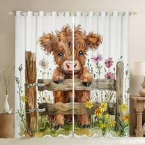 Manfei Cartoon Highland Bull Kid Black Out Curtains, Vibrant Groovy Flower Curtains Pack of 2 (42x63 Each), Rustic Animal Bedroom Curtains, Curtains and Drapes Decor