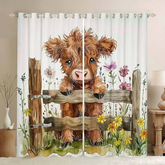 Manfei Cartoon Highland Bull Kid Black Out Curtains, Vibrant Groovy Flower Curtains Pack of 2 (42x63 Each), Rustic Animal Bedroom Curtains, Curtains and Drapes Decor