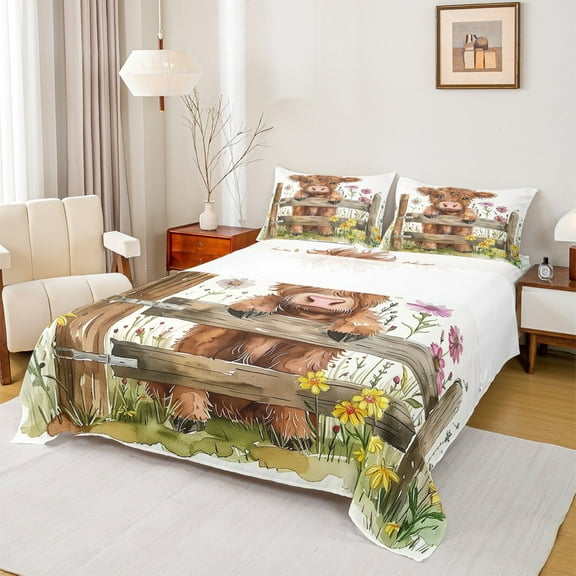 Manfei Cartoon Highland Bull Kid Twin Sheet Sets, Vibrant Groovy Flower Twin Fitted Sheet, Rustic Animal Flat Sheet, Luxury Bedroom Decor, 3 Pieces