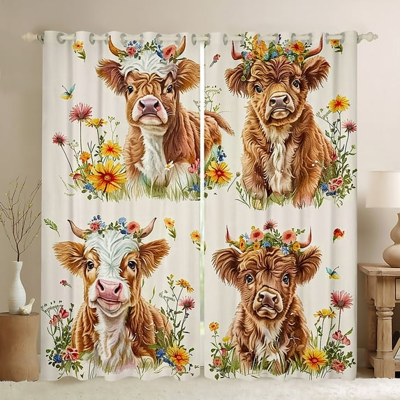 Manfei Cartoon Highland Cow Black Out Curtains, Groovy Daisy Flower Curtains Pack of 2 (42x63 Each), Teens Kids Boys Girls Bedroom Curtains, Curtains and Drapes Decor