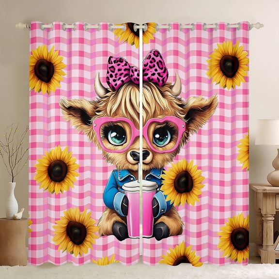 Manfei Cartoon Highland Cow Black Out Curtains for Preppy Child,Geometric Plaid Grid Curtains Pack of 2 (42x63 Each),Farmhouse Sunflower Animal Bedroom Curtains,Lightweight Room Decor