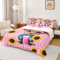 Manfei Cartoon Highland Cow Twin Sheet Sets 3pcs for Preppy Child,Geometric Plaid Grid Twin Fitted Sheet Microfiber,Farmhouse Sunflower Animal Breathable Flat Sheet,Lightweight Room Decor