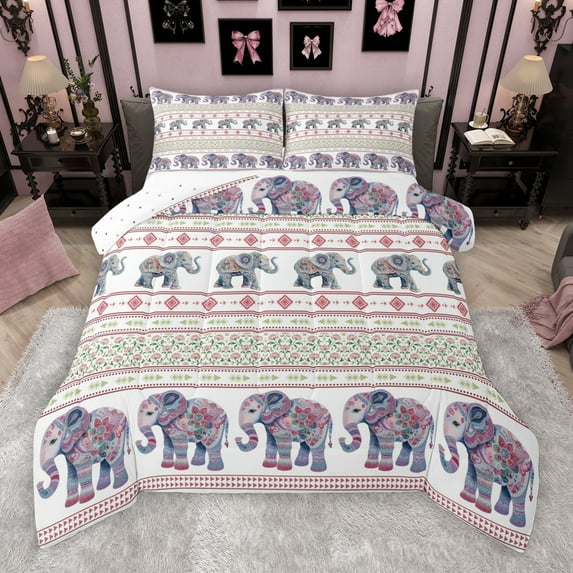 Manfei Cartoon Hippie Elephant Bedding Comforter Set for Teen, Vintage Damask Floral Twin Comforter Sets, Western Triangle Reversible Bedding Set, Luxury Bedroom Decor, 2pcs