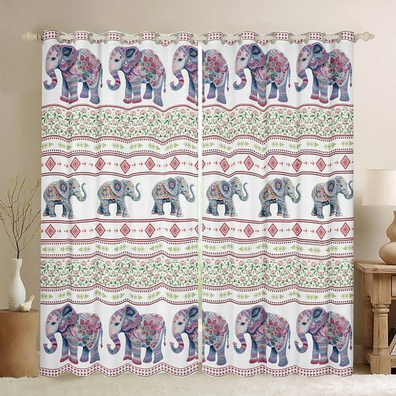 Manfei Cartoon Hippie Elephant Black Out Curtains for Teen, Vintage Damask Floral Curtains Pack of 2 (42x63 Each), Western Triangle Bedroom Curtains, Window Curtains Decor