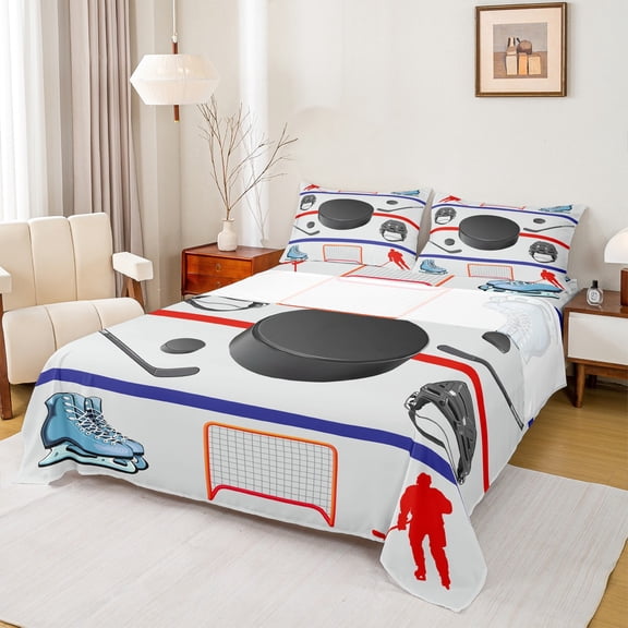 Manfei Cartoon Hockey Twin Sheet Sets 3pcs, Ice Hockey Rink Helmet Twin Fitted Sheet, Sport Flat Sheet, Microfiber Bedroom Decor
