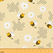 Manfei Cartoon Honey Bee Fabric by the Yard 1 Yard, Daisy Floral Honeycomb Home Decor Fabric by the Yard, Pale Yellow