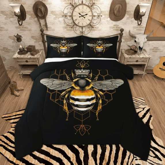 Manfei Cartoon Honey Bee Queen Comforter Set, Gold Honeycomb Bedding Sets, Queen Crown Bedding Comforter Set, Super Cozy Room Decor Reversible 3pcs