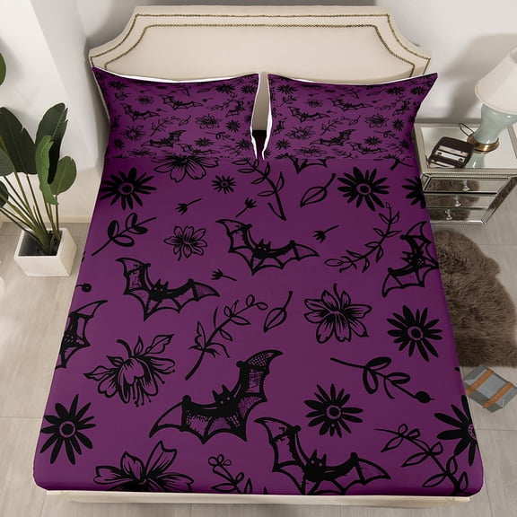 Manfei Cartoon Horror Bat Fitted Sheet Full for Teens, Gothic Halloween Animal Bedding Set Full Size, Hippie Flower Leaf Plant Fitted Sheet Set Full, Breathable Home Decor, 3-Piece(No Top Sheet)