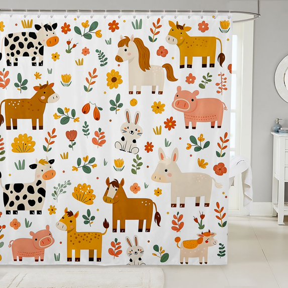 Manfei Cartoon Horse Cow Pig Shower Curtain 72Wx72L,Cute Flowers Animal Bathroom Curtain,White Yellow
