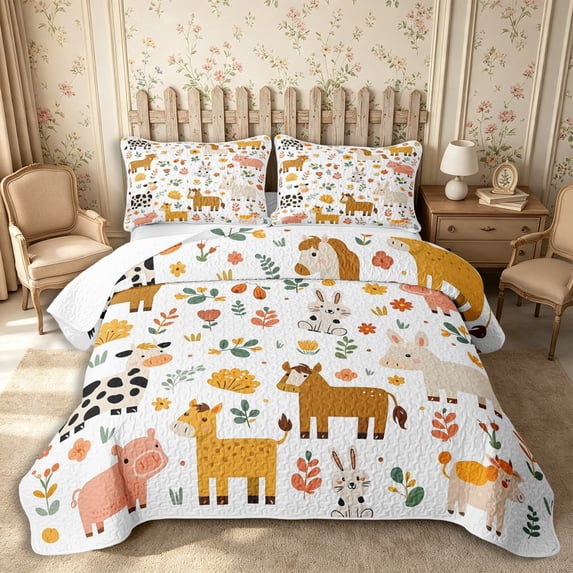Manfei Cartoon Horse Cow Pig Twin Quilt Set 2 Pieces,Cute Flowers Animal Twin Coverlet Set,White Yellow,1 Bedspread and 1 Pillowcase
