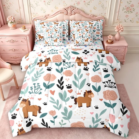 Manfei Cartoon Horse King Bedding 7pcs,Spring Garden King Bed in a Bag,Reversible