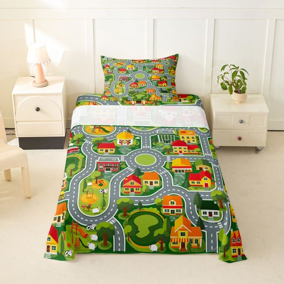 Manfei Cartoon House Print Twin Sheets,City Roads Bedding,Gray,3pcs,1 Fitted Sheet and 1 Pillowcase