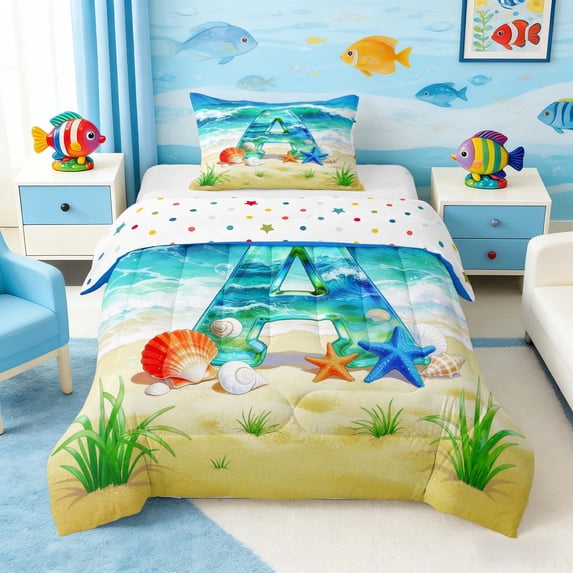 Manfei Cartoon Initial A Beach Seashell Starfish Twin Comforter Sets for Kids Boys and Girls, Nautical Alphabet Print Bedding Set, Stars Reversible 2-Piece, 1 Comforter and 1 Pillowcase