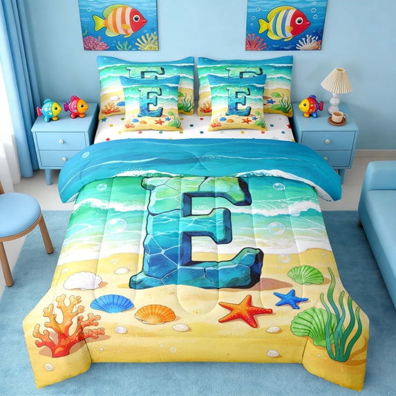 Manfei Cartoon Initial E Beach Seashell Starfish Bedding Comforter Set for Kids Boys and Girls, Nautical Alphabet Print Full Bedding Set, Stars Reversible 7 Pieces