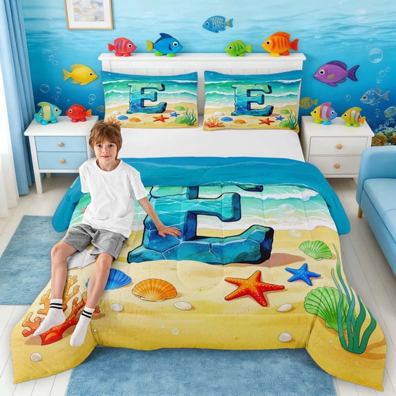 Manfei Cartoon Initial E Beach Seashell Starfish Full Size Comforter Sets for Kids Boys and Girls, Nautical Alphabet Print Bedding Sets, Stars Reversible 3 Pieces, 1 Comforter and 2 Pillowcases