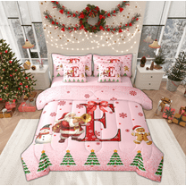Manfei Cartoon Initial E Letter Twin Bedding Sets 7-Piece, Kawaii Santa Claus Bedding Comforter Set, Dreamy Christmas Snowman Reversible Sheet Sets, Ultra Soft Home Decor
