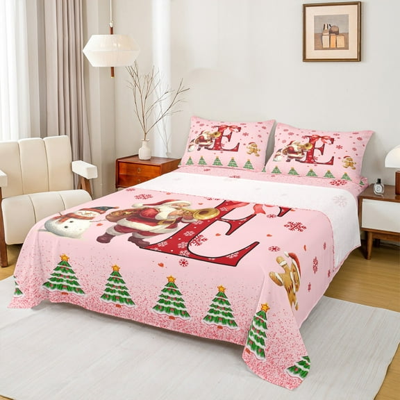 Manfei Cartoon Initial E Letter Twin Sheet Sets, Kawaii Santa Claus Twin Fitted Sheet, Dreamy Christmas Snowman Flat Sheet, Ultra Soft Home Decor, 3 Pieces