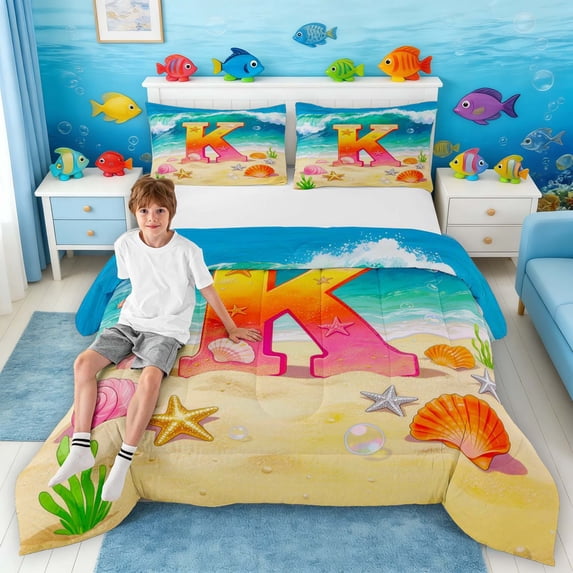 Manfei Cartoon Initial K Beach Seashell Starfish Full Size Comforter Sets for Kids Boys and Girls, Nautical Alphabet Print Bedding Sets, Stars Reversible 3 Pieces, 1 Comforter and 2 Pillowcases