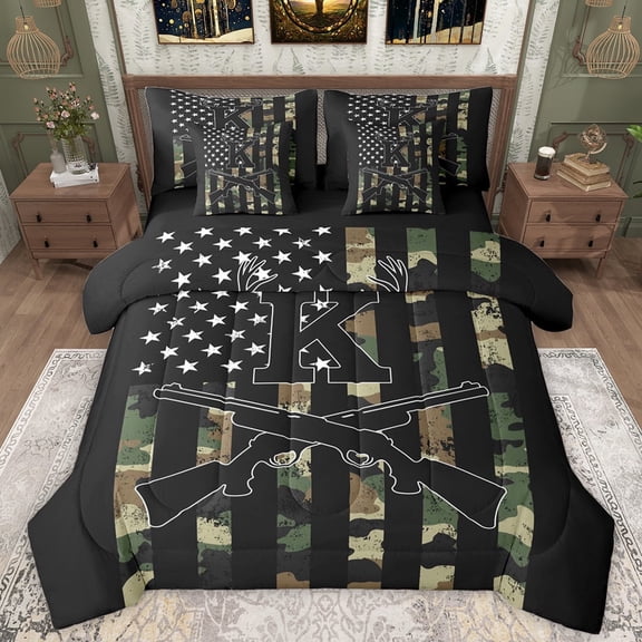 Manfei Cartoon Initial K Letter Bedding Comforter Set 7pcs for Kids, Camo US Flag Queen Bedding Sets, Rustic Farmhouse Hunting Reversible Queen Sheet Sets, Ultra Soft Bedroom Decor