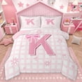 thumbnail image 1 of Homewish Cartoon Initial K Letter Bedding Comforter Set, Pink Bowknot Monogrammed Twin Comforter Sets, Square Buffalo Reversible Bedding Set, Breathable Home Decor, 2-Piece, 1 of 8
