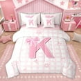 thumbnail image 1 of Manfei Cartoon Initial K Letter Twin Bedding Sets 7-Piece, Pink Bowknot Monogrammed Bedding Comforter Set, Square Buffalo Reversible Sheet Sets, Breathable Home Decor, 1 of 7